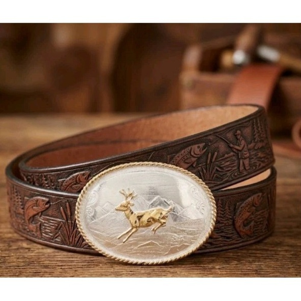 Montana Silversmiths Belt Size 38 Tooled Leather Fish Motif Deer‎ Buckle Western